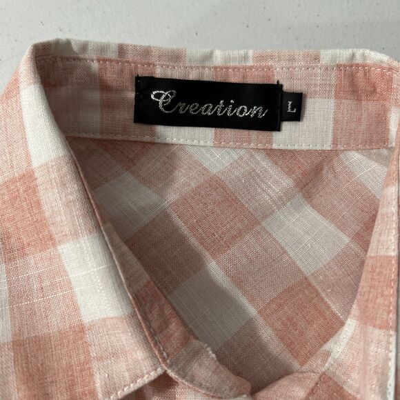 Creation Shirt Womens Large Pink Plaid Button Up Blouse Beach Vacation - Picture 5 of 8
